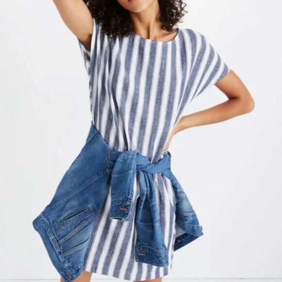 Madewell Striped Play Button Back Linen Blend Dress Size M - Picture 1 of 12
